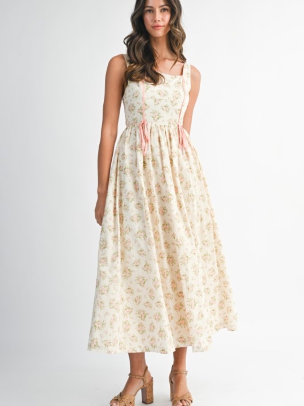 Floral Print Square Neck Contrast Pipinig Dress - Picture 3 of 8